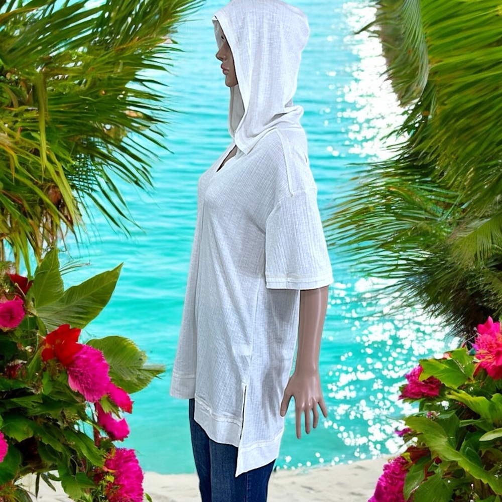 NEW Mur Mur Off-White Ribbed Short Sleeve Hooded Swimsuit Coverup - Picture 7 of 16